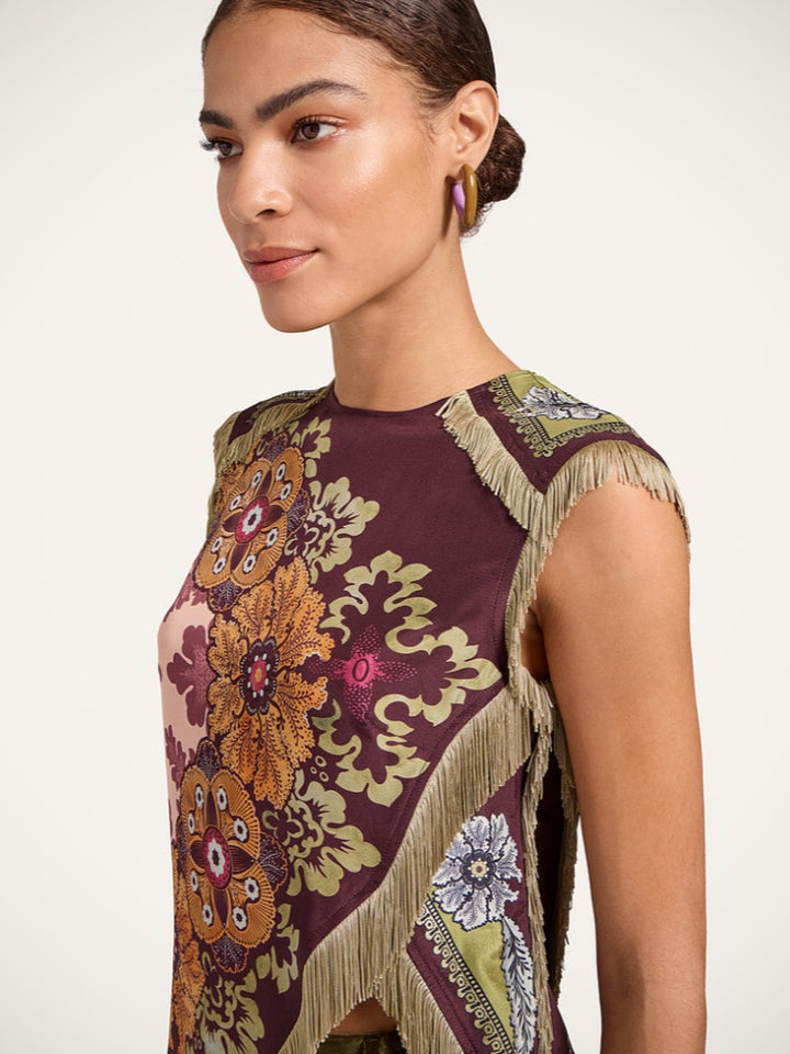 Fringed Floral Print Asymmetrical Sleeveless Top