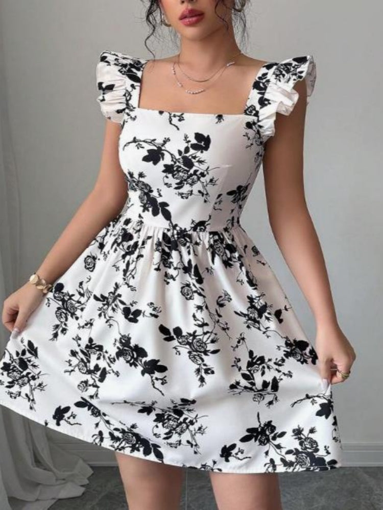 Square Neck Ruffled Sleeve Print Mini Dress