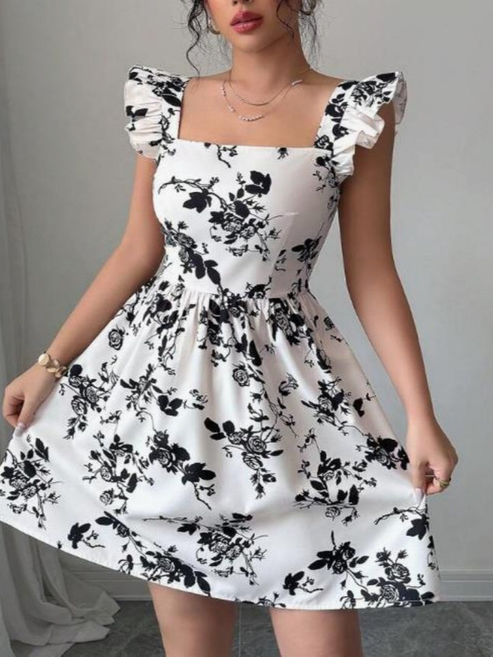 Square Neck Ruffled Sleeve Print Mini Dress