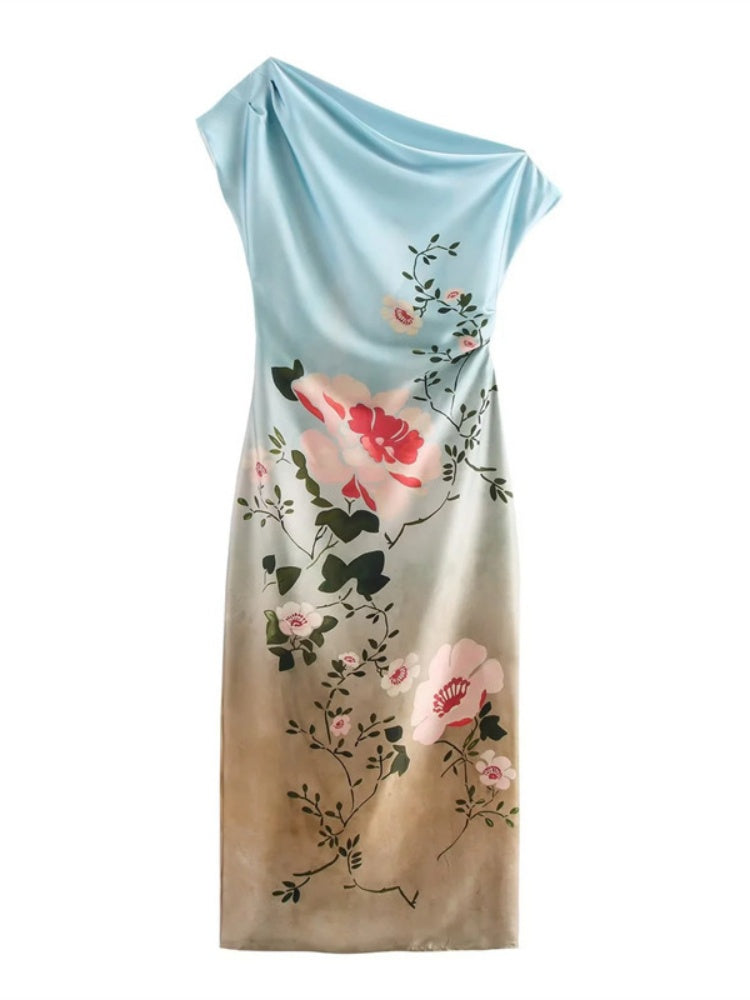 One Shoulder Floral Gradient Satin Midi Dress