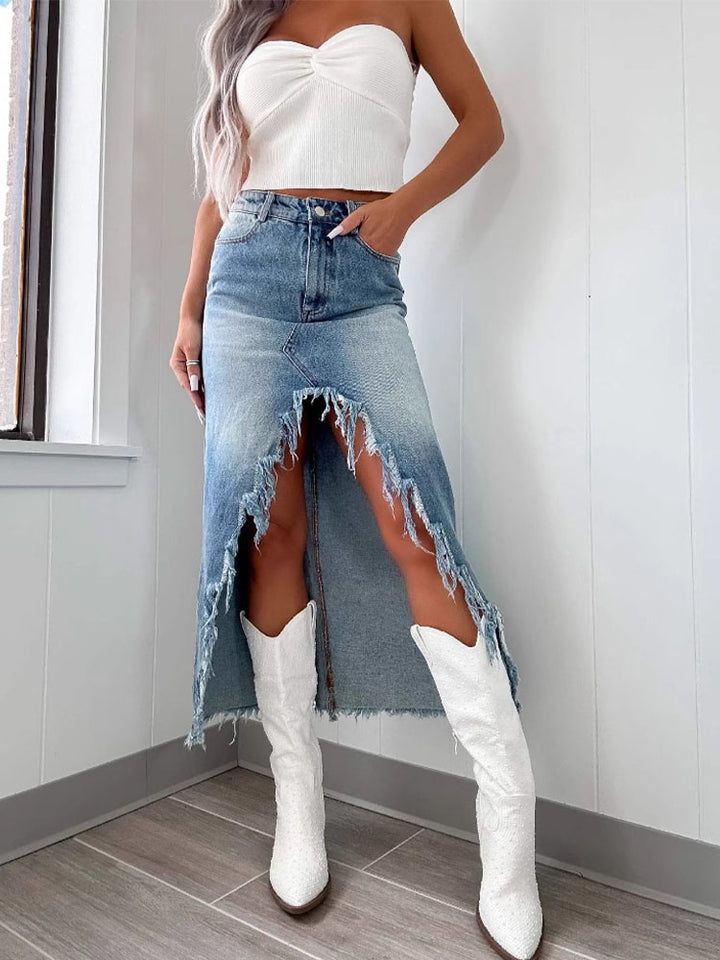 High Waist Raw Hem Denim Skirt