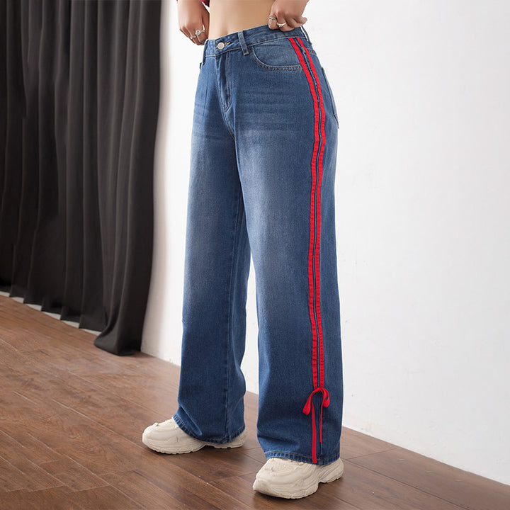 Retro red-trimmed casual straight-leg jeans