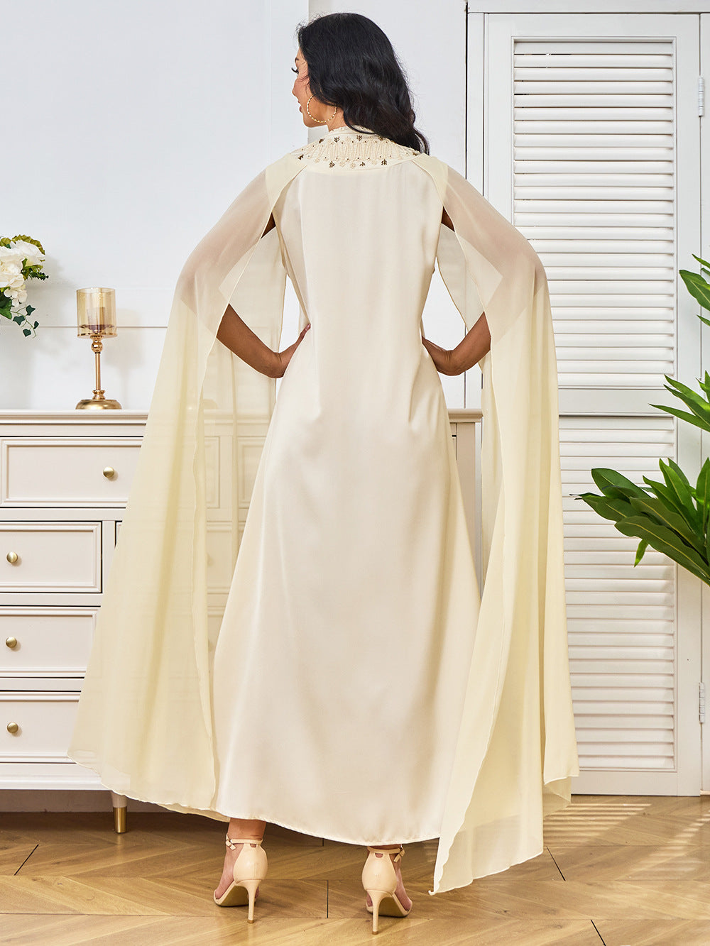 Beige Cape-Sleeve Abaya Maxi Dress with Beaded Embroidery