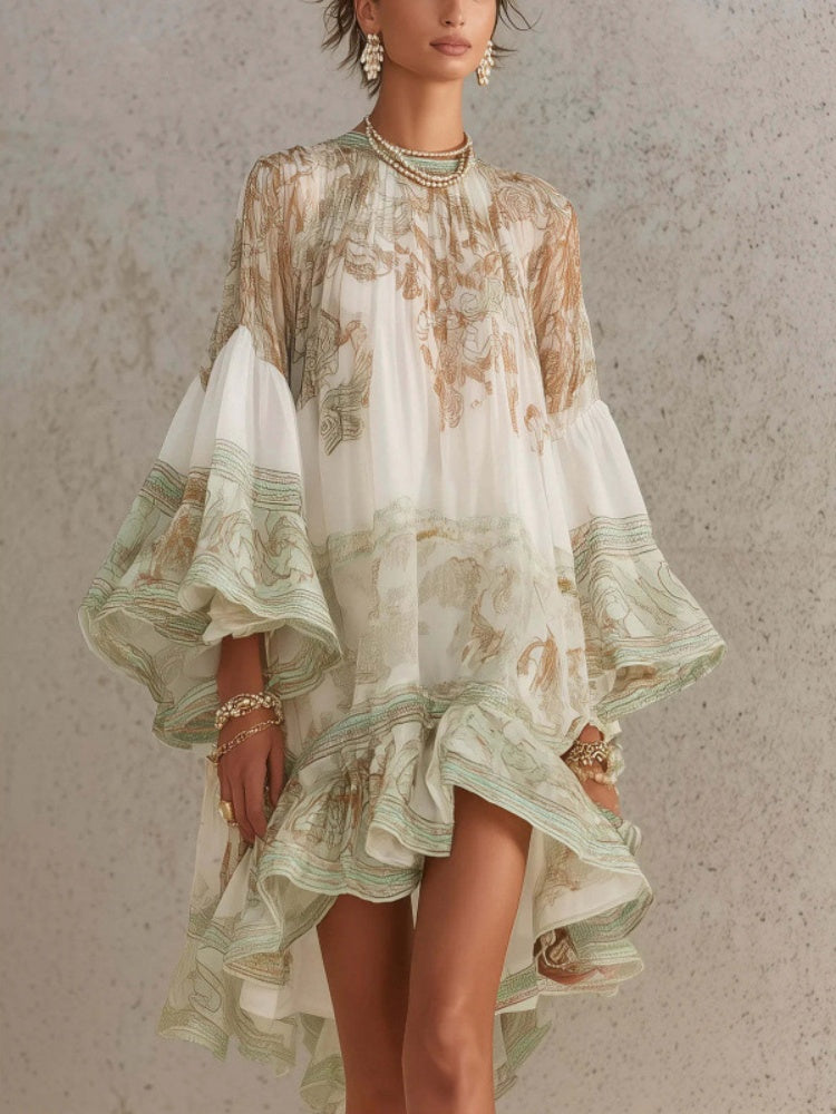 Printed Bell Sleeve Ruffle Hem Mini Dress