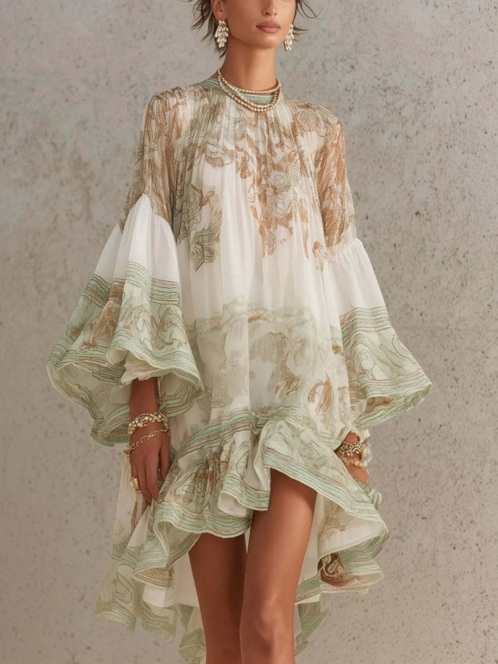 Printed Bell Sleeve Ruffle Hem Mini Dress