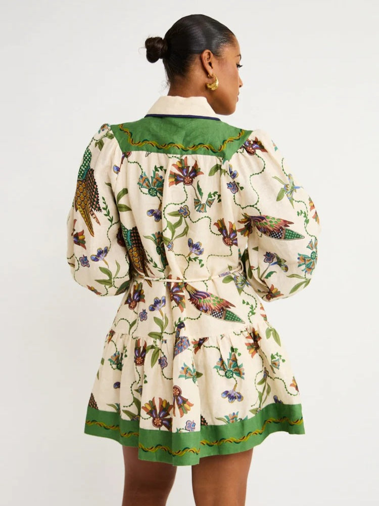 Vibrant Floral Peacock Print Puff Sleeve Belted Shirt Mini Dress