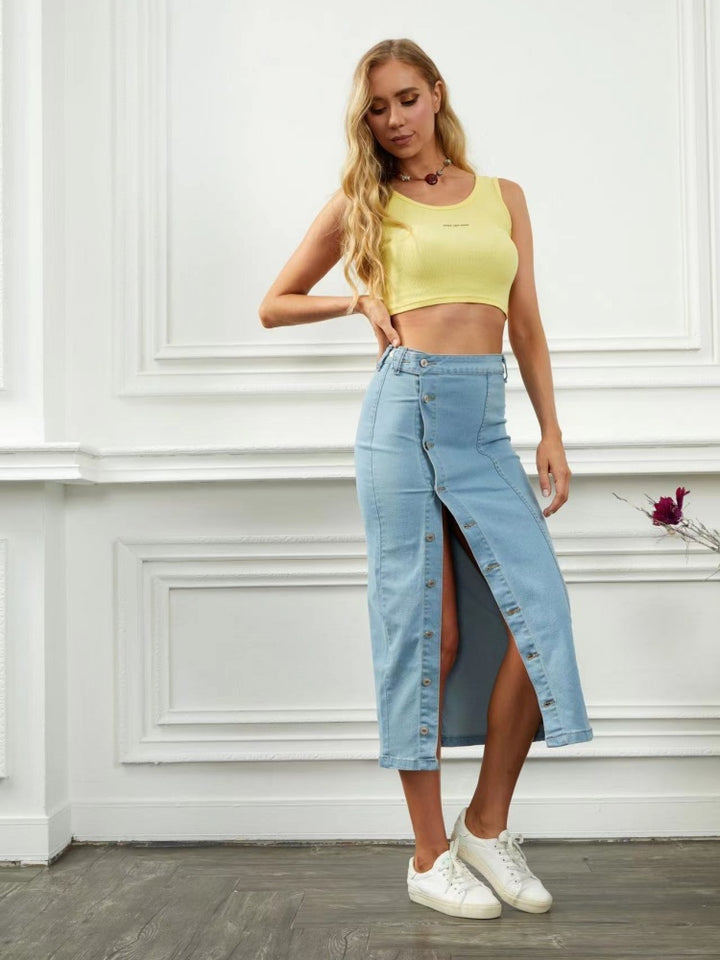 Button Front Denim Midi Skirt