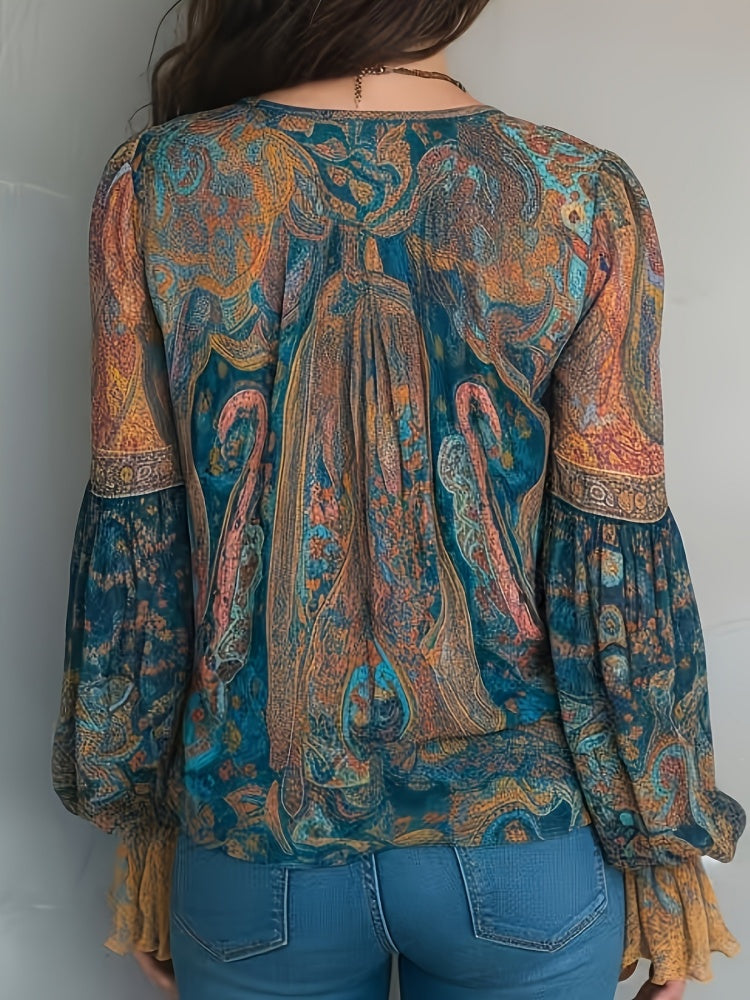 Boho Paisley Print Blouse - V-Neck Long Sleeve Flowy Top