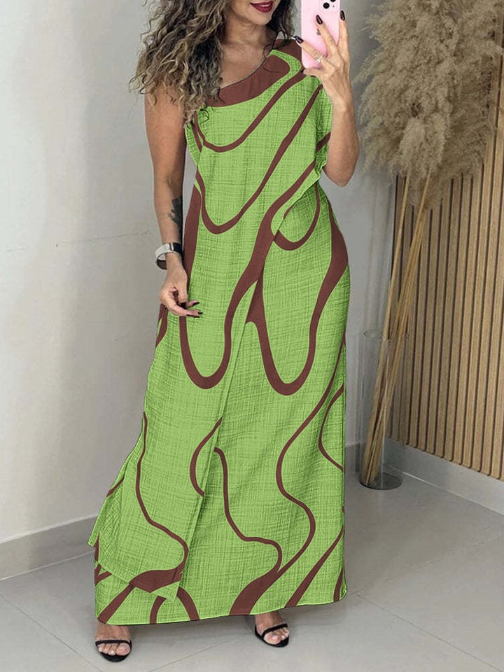 Abstract Wave Print One-Shoulder Maxi Dress