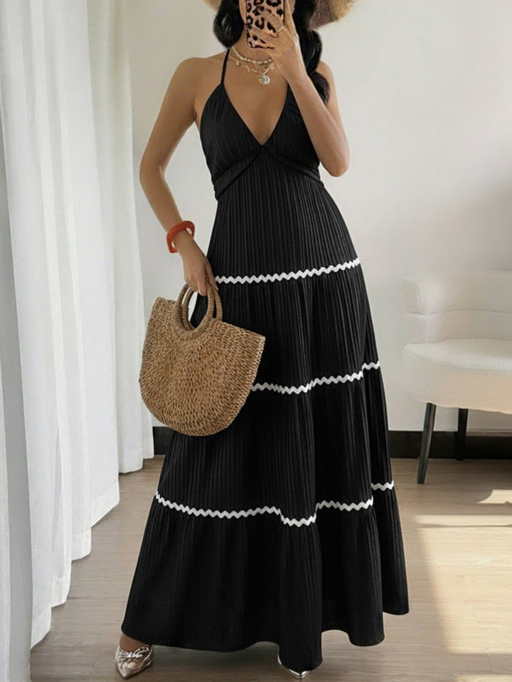 Black Halter Maxi Dress with White Zigzag Trim