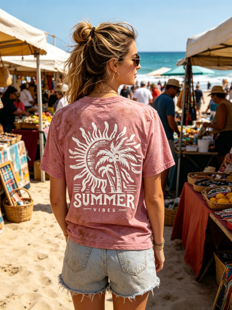 Summer Vibes Sun &amp; Palm Print V-Neck T-Shirt