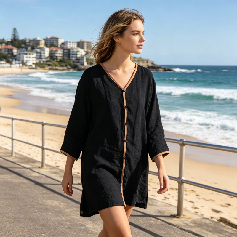 Contrast Piping V Neck Cotton Open Front Shirt