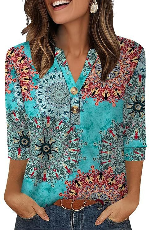 3/4 Sleeve V-Neck Henley Blouse