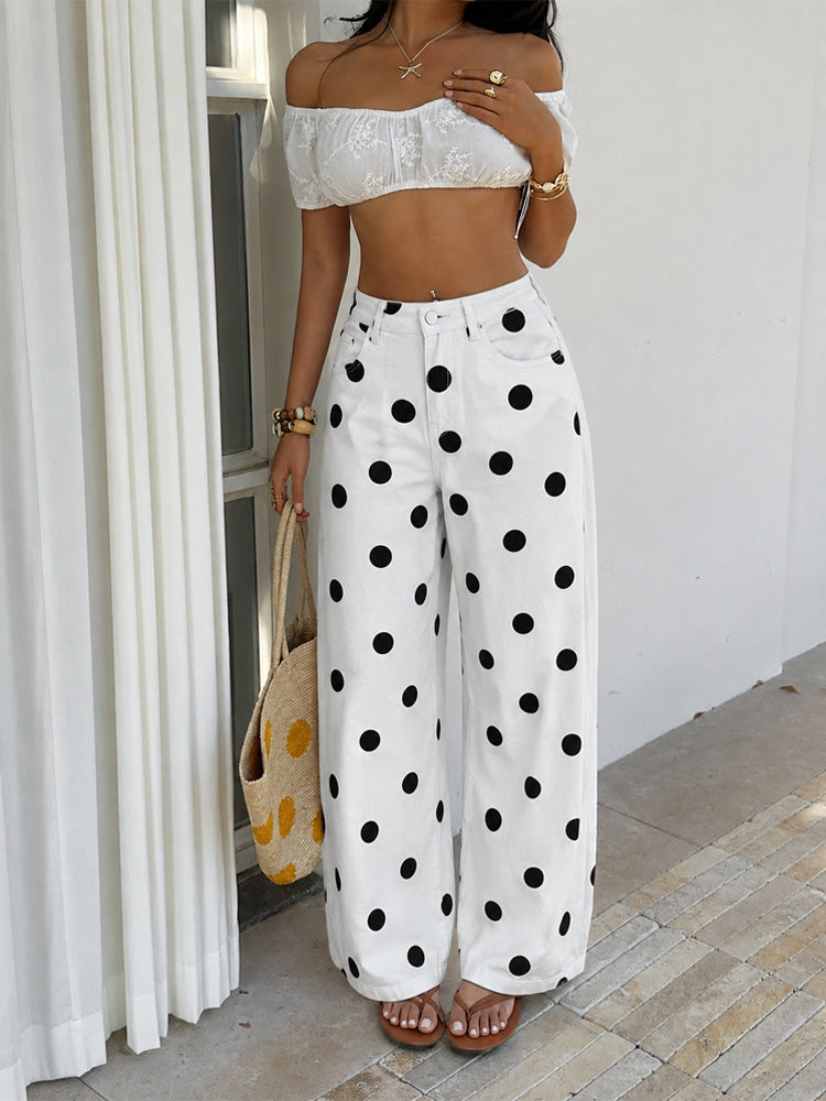 White wide-leg straight-leg jeans with large polka dots