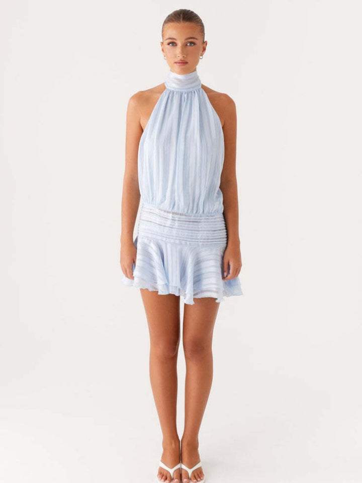 Pleated Halter Neck Ruffle Mini Dress