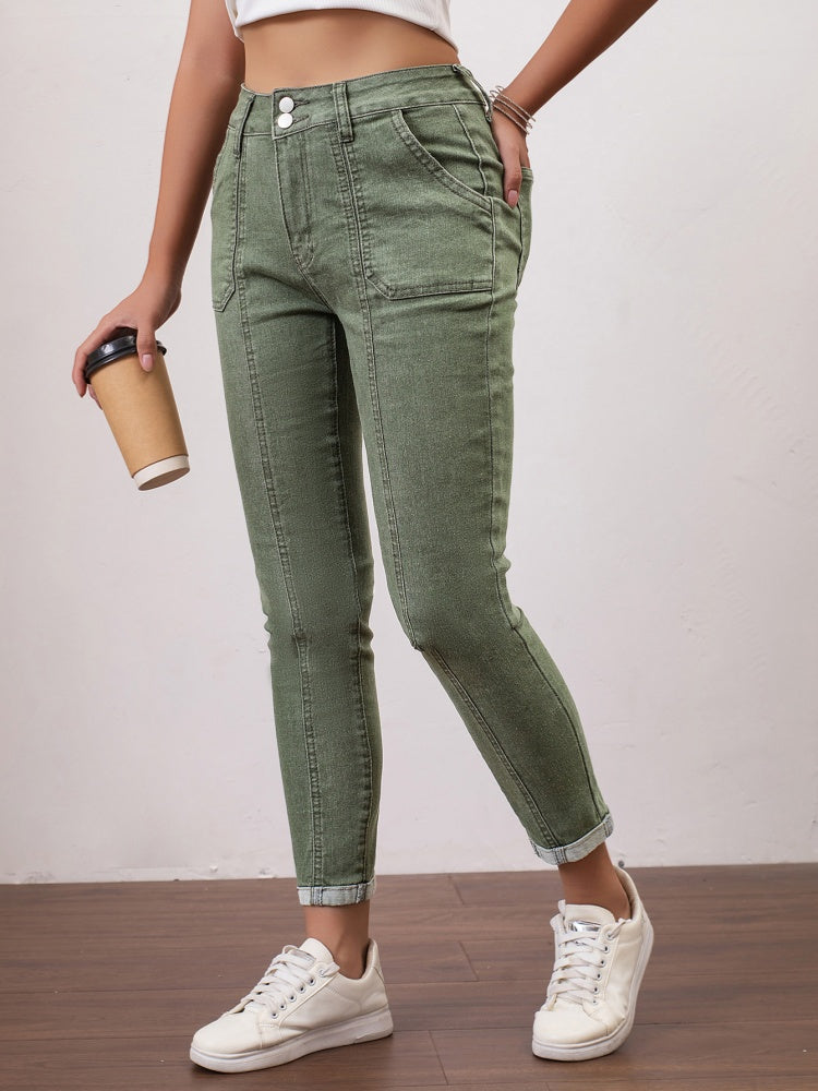 High Waist Army Green Seamed Skinny Cropped Jeans