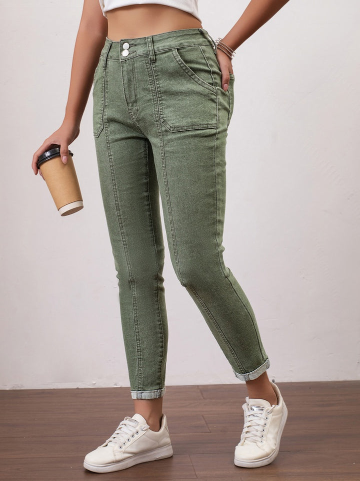 High Waist Army Green Seamed Skinny Cropped Jeans