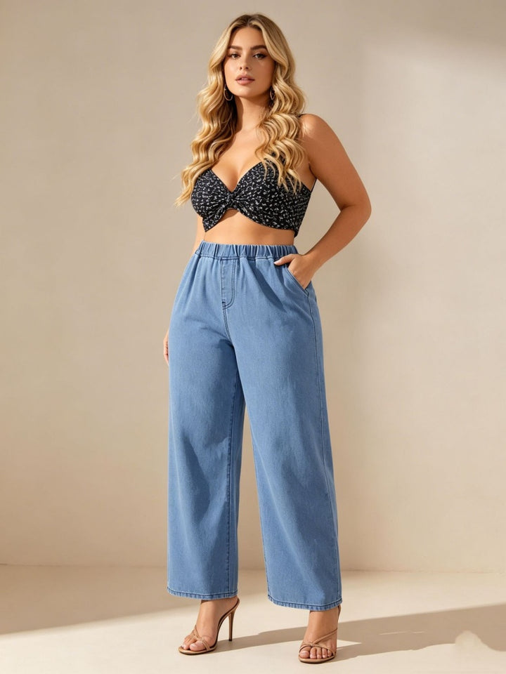 Plus Size High-Waisted Wide Leg Denim Pants