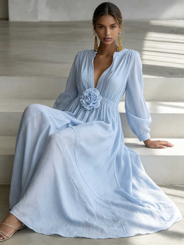 Elegant 3D Floral Cotton Linen Maxi Dress with Resort Style