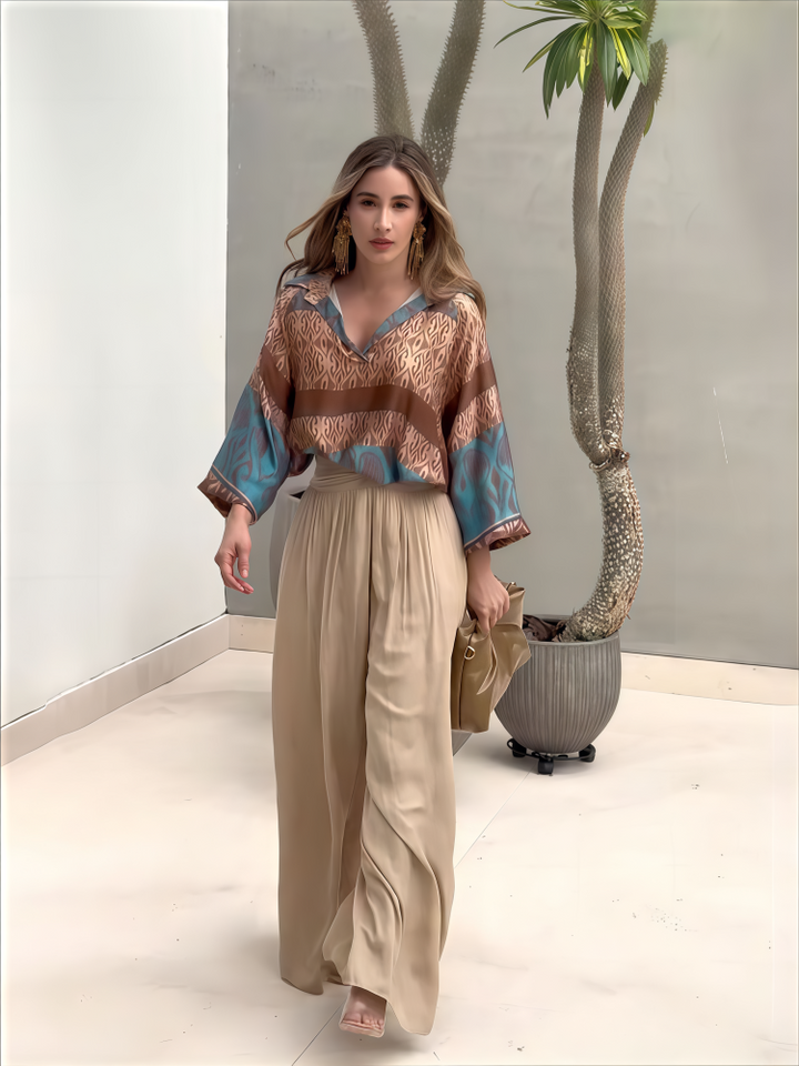 Abstract Print Blouse &amp; Pleated Wide Leg Pants Set