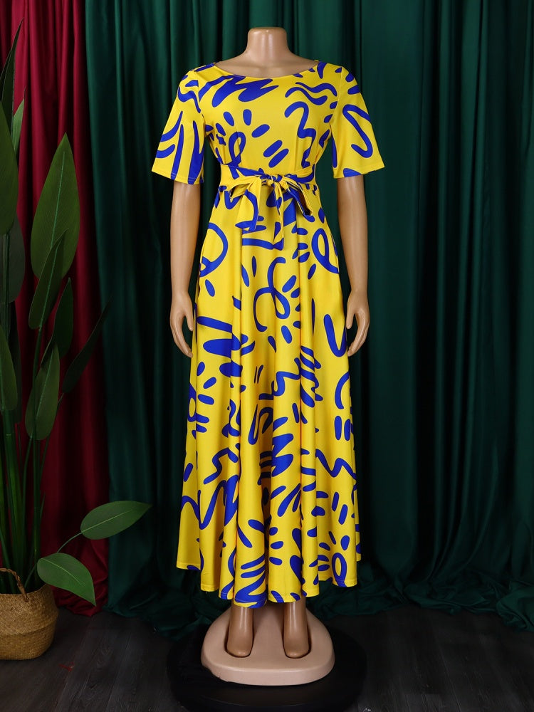 Graffiti Print Belted A-Line Maxi Dress
