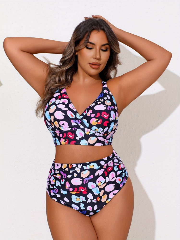 Plus Size Colorful Leopard Print Criss Cross Bikini Set