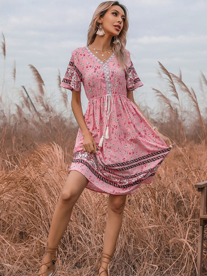 V-neck floral elastic waist dress