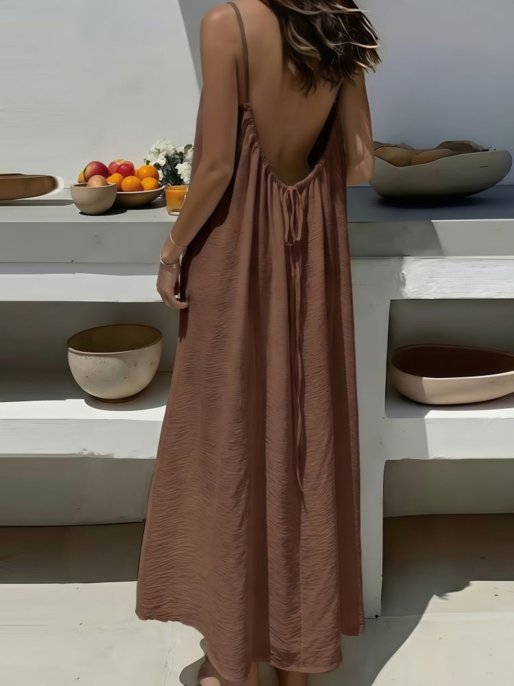 Spaghetti Strap Open Back Pleated Maxi Dress