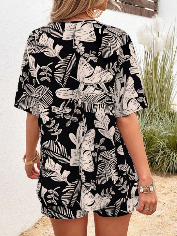 Tropical Leaf Print Open-Front Shirt &amp; Shorts Set