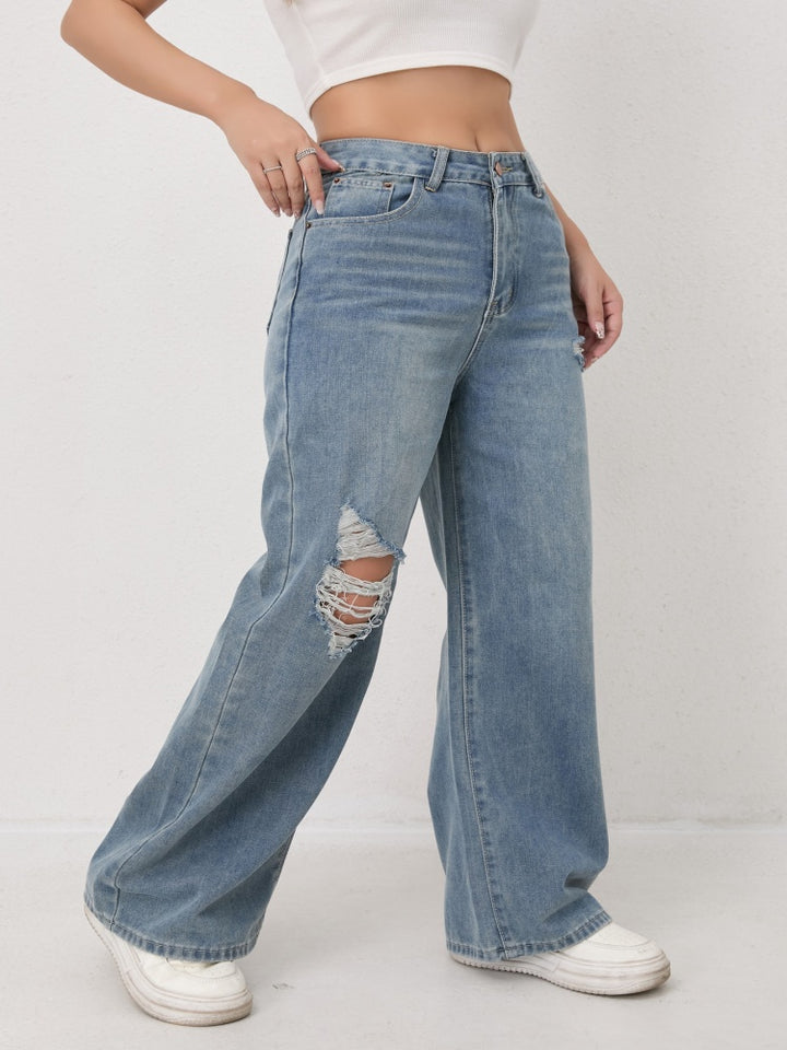 High Waist Hand Ripped Distressed Wide Leg Jeans