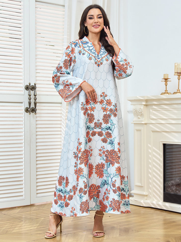 Floral Print V-Neck Maxi Abaya Dress