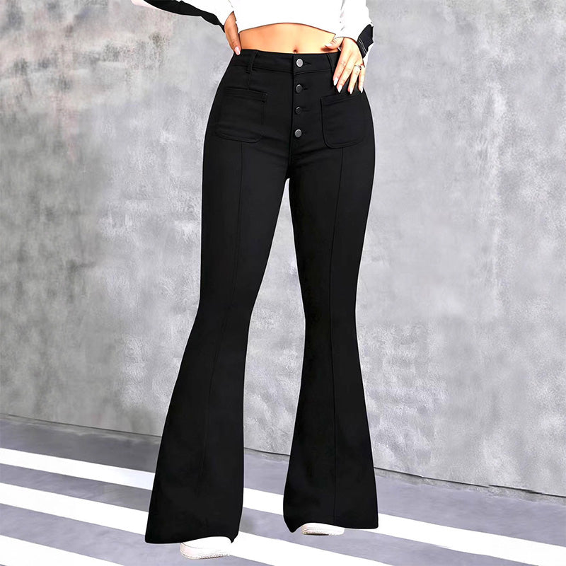Elastic flared patchwork multi-pocket jeans