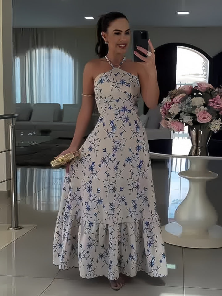 Blue Floral Halter Cutout Ruffle Maxi Dress