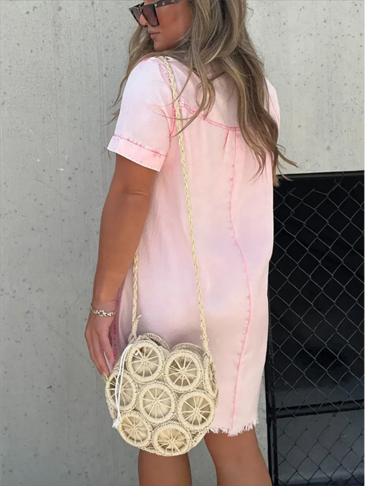 Women’s Collar Denim Skirt Tassel Hem Dress