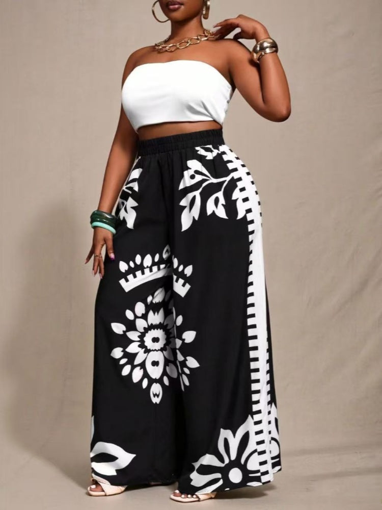 Stylish and elegant bohemian print straight-leg wide-leg trousers