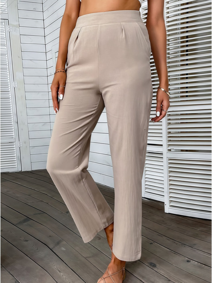 Simple cotton and linen high-waisted cropped straight leg pants