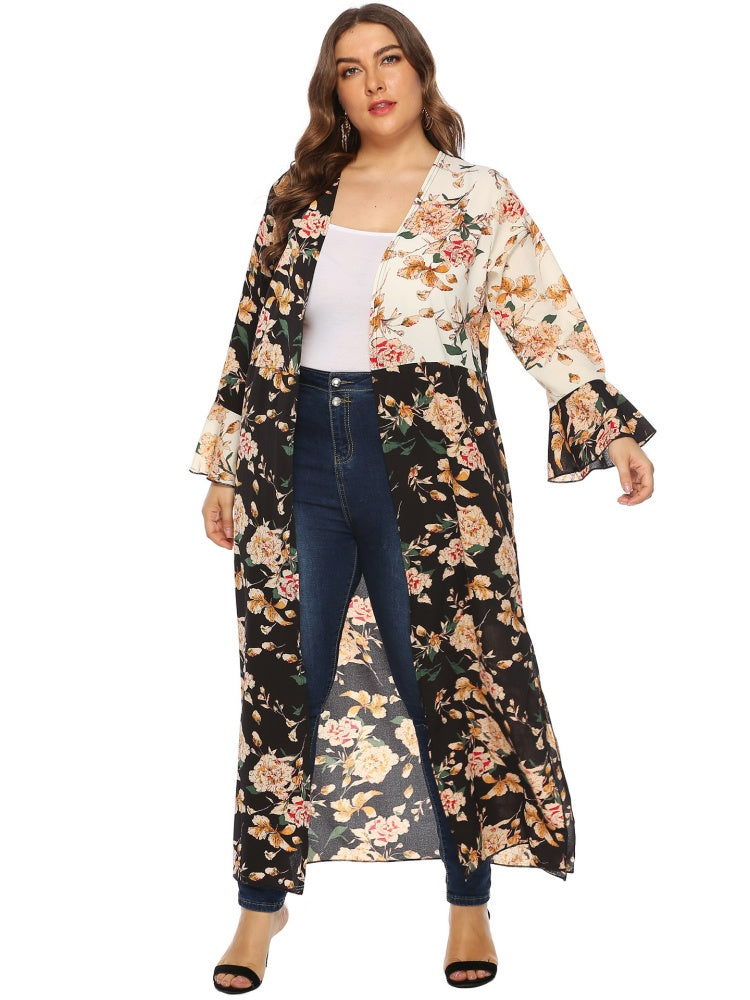 Irregular color-blocked printed ruffle cardigan jacket
