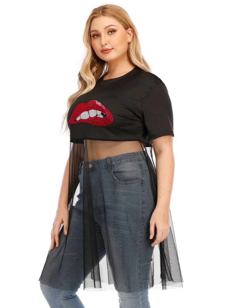 Lip sequin embroidery mesh patchwork T-shirt top