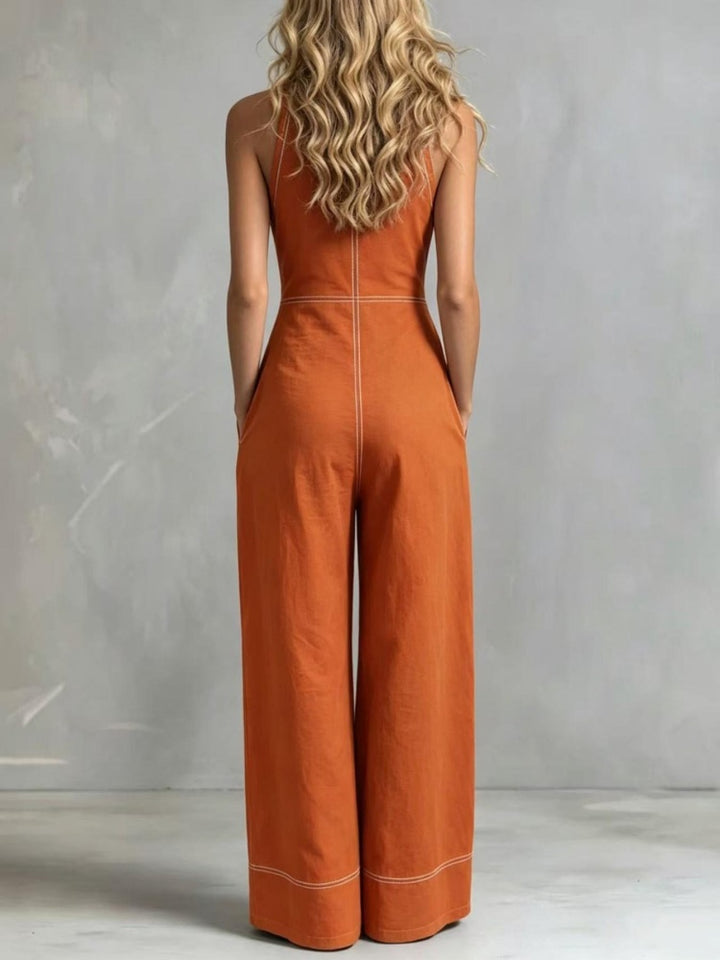 Deep V-neck stand-up collar sleeveless casual jumpsuit