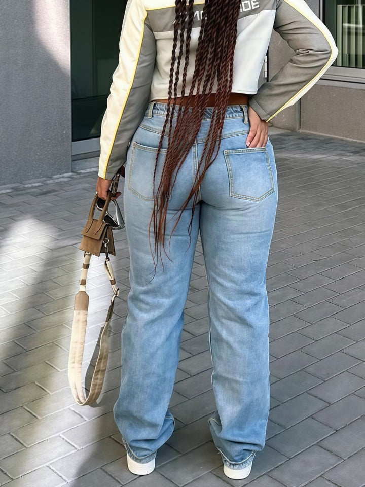 High-elasticity zipper slim-fit wide-leg jeans