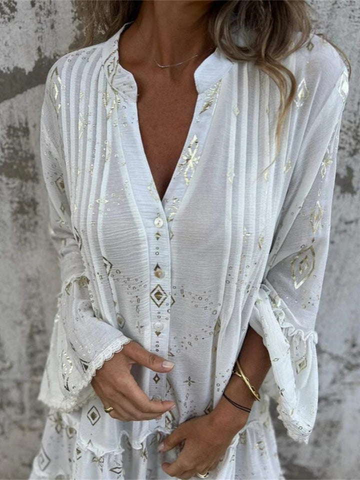 Solid color bell sleeve hollow dress