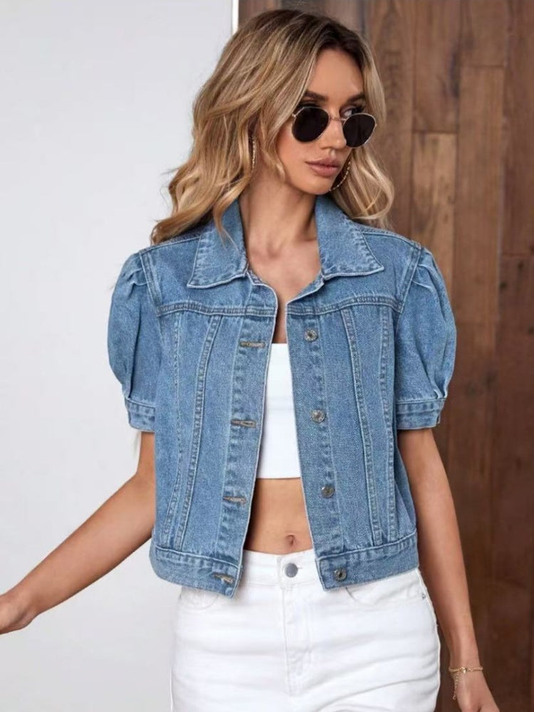 Cropped denim jacket with puff sleeves