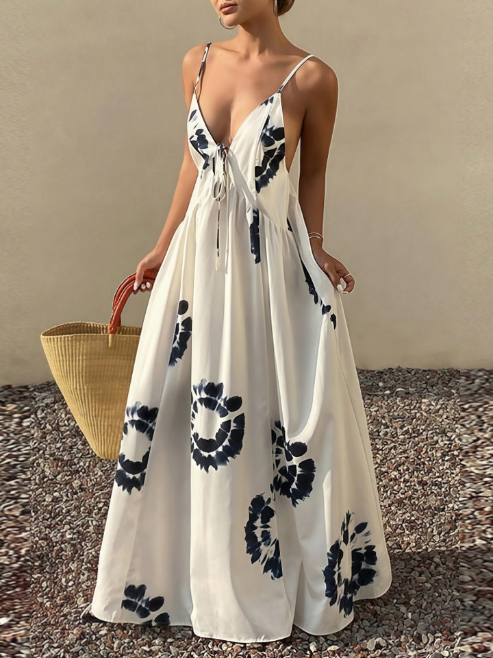 French Elegant Floral Backless Spaghetti Strap Maxi Dress