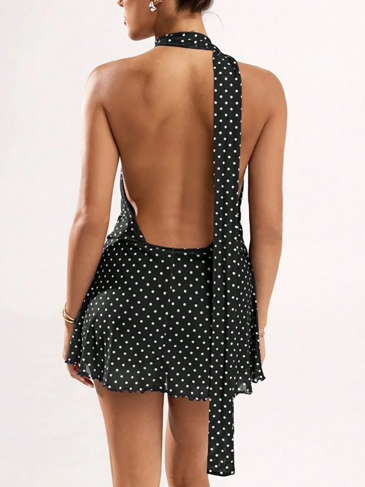 Sleeveless halter neck fitted waist mesh dress