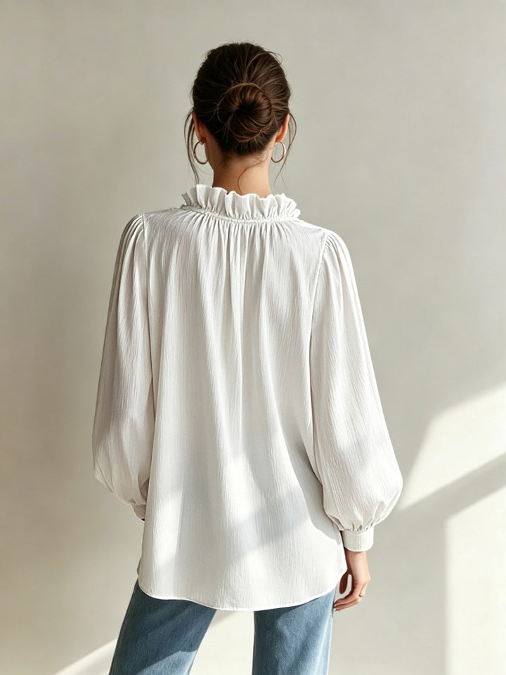 Loose-fit ruffled V-neck puff-sleeve shirt