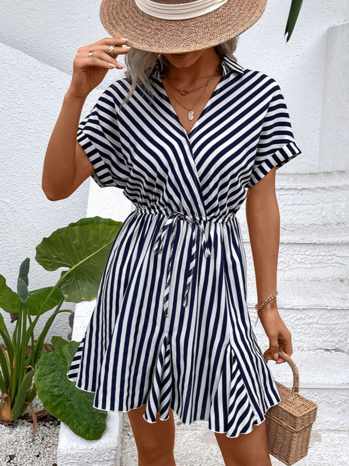 Versatile Drawstring Waist Striped Shirt Dress