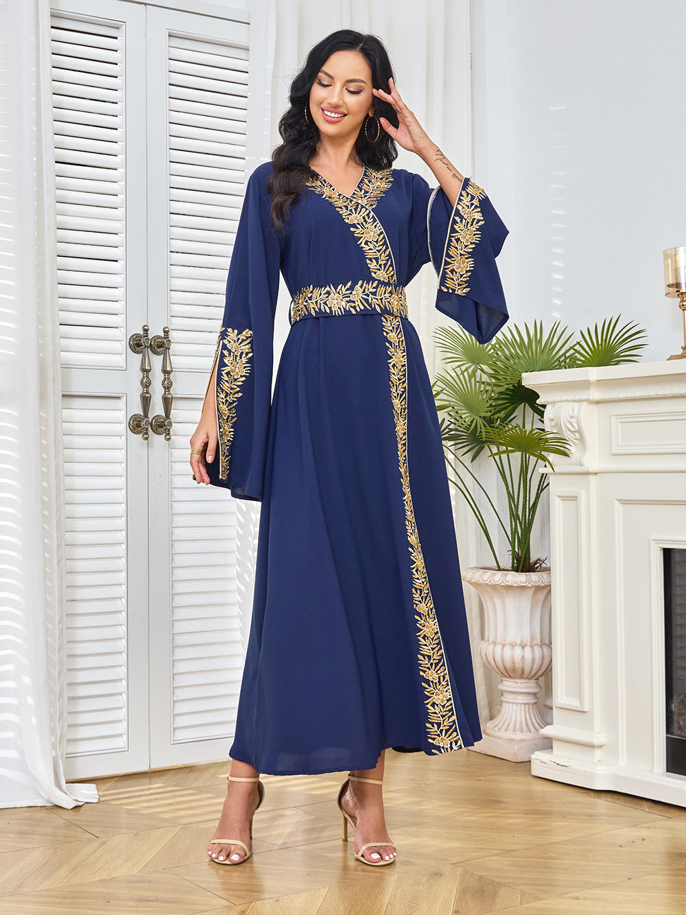 Gold Embroidered Wrap-Front Abaya Maxi Dress