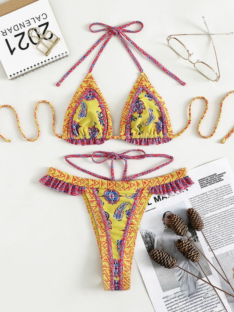 Ruffled Paisley Halter Triangle Bikini Set