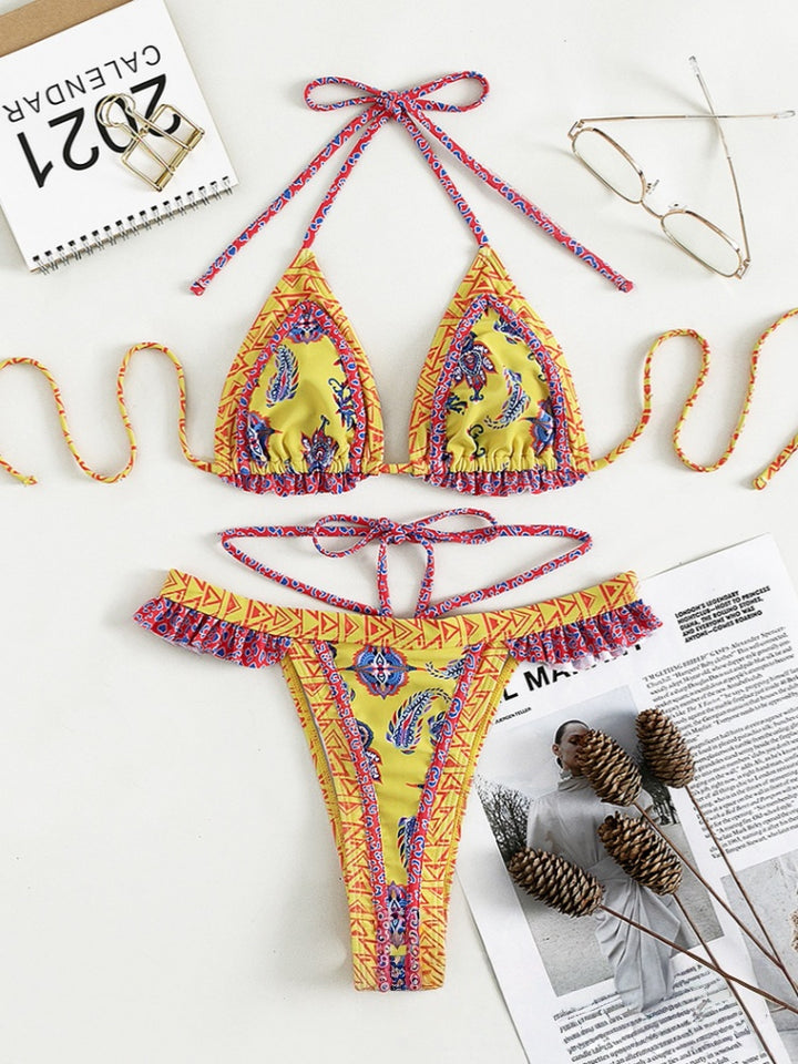 Ruffled Paisley Halter Triangle Bikini Set
