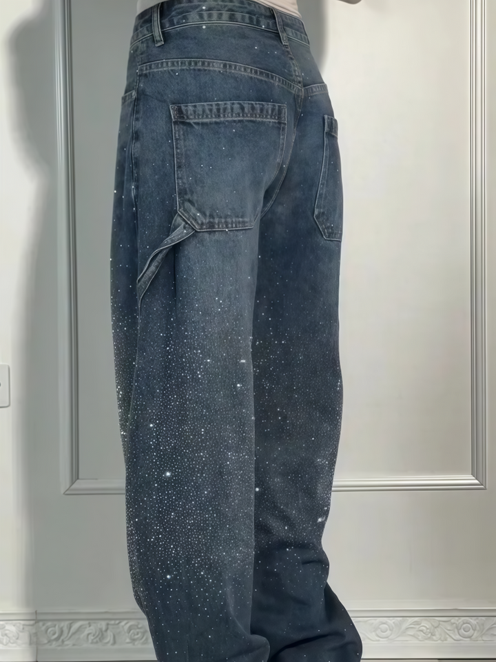 High Waist All Over Rhinestone Straight Leg Cargo Jeans